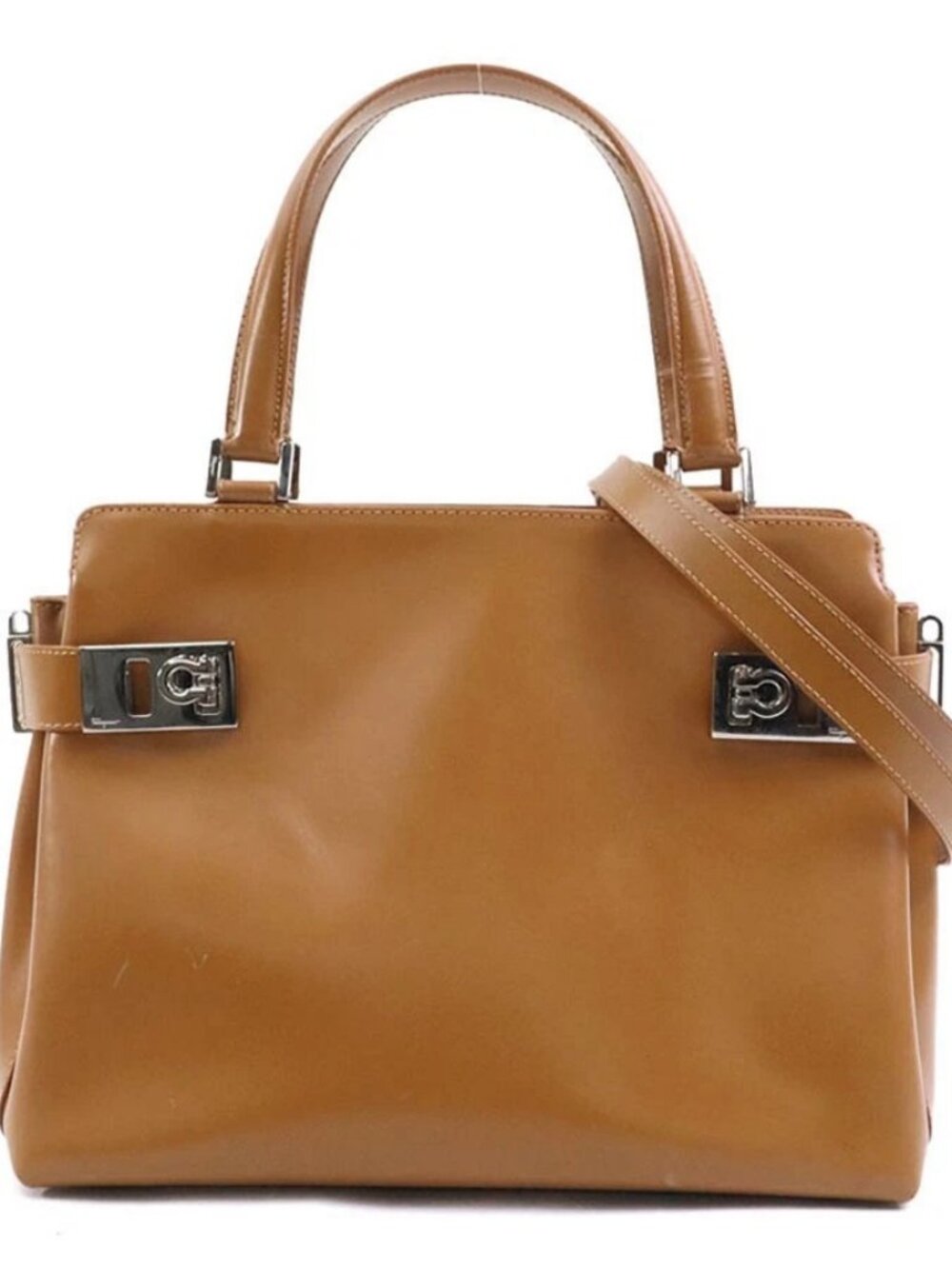 Auth Salvatore Ferragamo Gancini Handbag Shoulder Bag Brown Leather